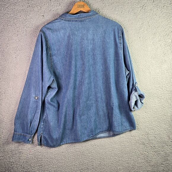 VTG Faded Glory Denim Shirt 3X Pearl Snap Roll Tab Western Y2K Cotton Side Slits - Picture 16 of 16